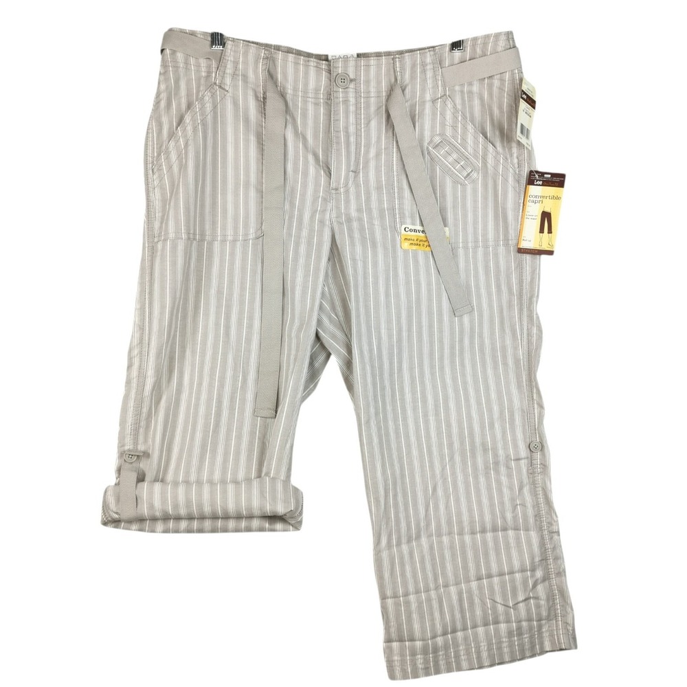 LEE Women's Convertible Elastic Waist GRay, White Striped Capri Pants Size 16